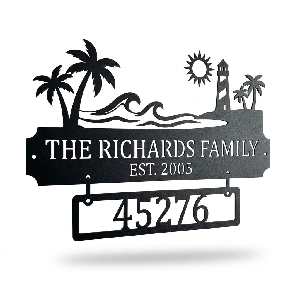 Personalized metal family name and address sign mounted as outdoor wall decor