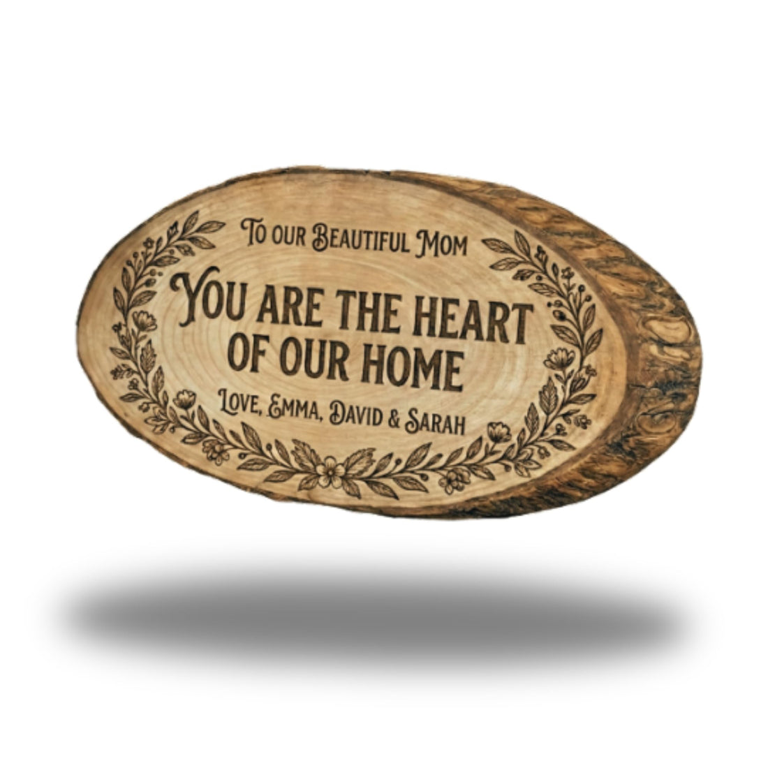 Live edge wood name plaque with a natural finish, suited to a memorial keepsake piece