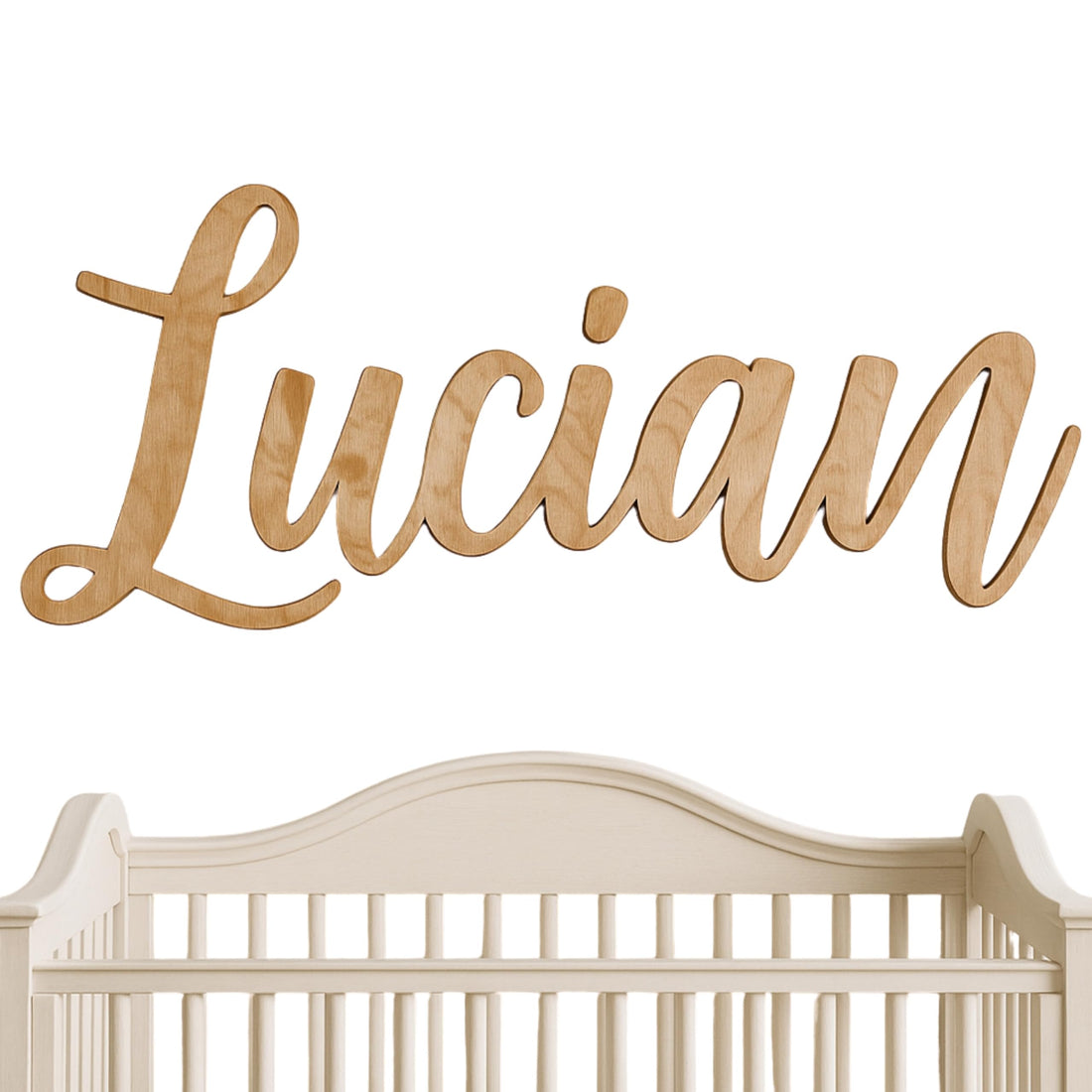 Personalized 3D wood nursery name sign above a crib, used for birth stats and baby room decor