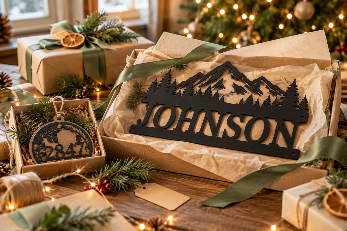 Personalized metal sign gift wrapped with evergreen branches and holiday lights