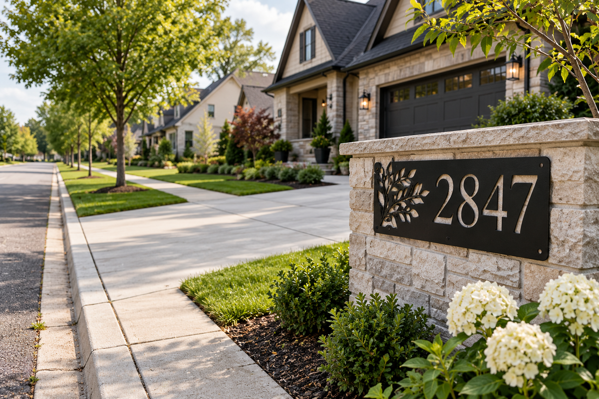 Large black metal house numbers mounted on a stone pillar beside a residential street