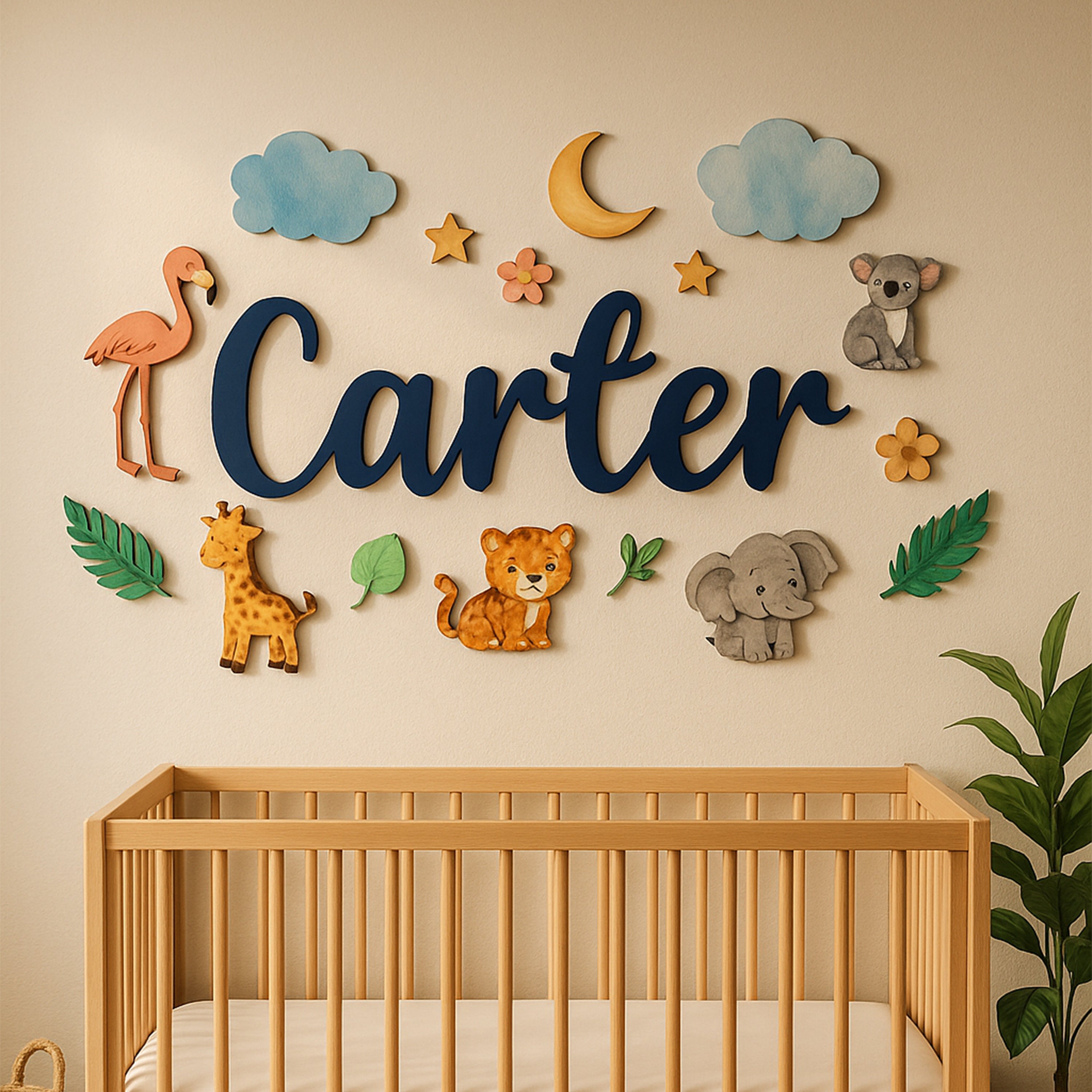 Nursery Name Sign - Custom 3D Wood Jungle Wild One, Baby Shower