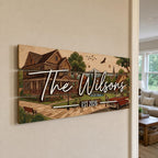 Family Name Sign - Custom Colorful Pallet Wood, Housewarming Gift - Villa and Red Car