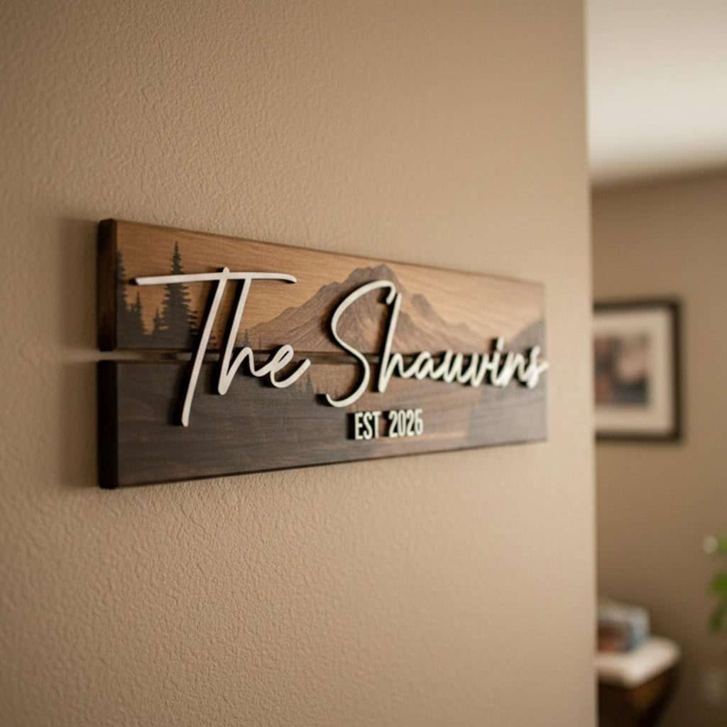 Custom Mountain Family Name Sign - Rustic Wood Wall Decor | Aydan's Unique Finds