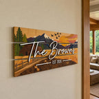 Family Name Sign - Custom Colorful Pallet Wood, Housewarming Gift - Mountain Cabin Sunset