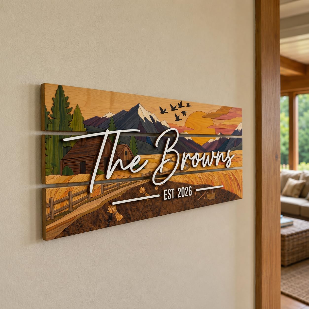Family Name Sign - Custom Colorful Pallet Wood, Housewarming Gift - Mountain Cabin Sunset