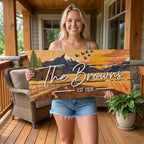Family Name Sign - Custom Colorful Pallet Wood, Housewarming Gift - Mountain Cabin Sunset