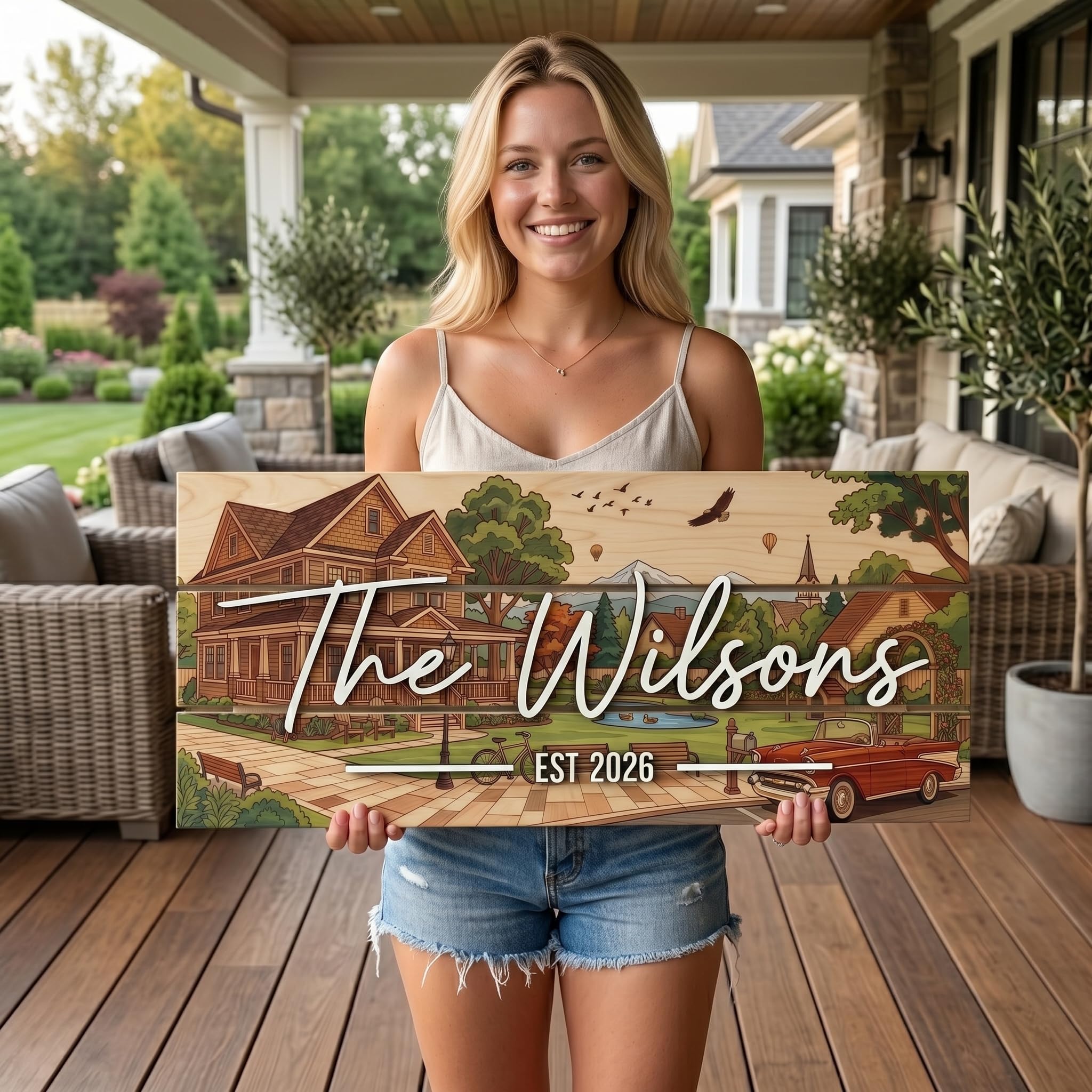 Family Name Sign - Custom Colorful Pallet Wood, Housewarming Gift - Villa and Red Car