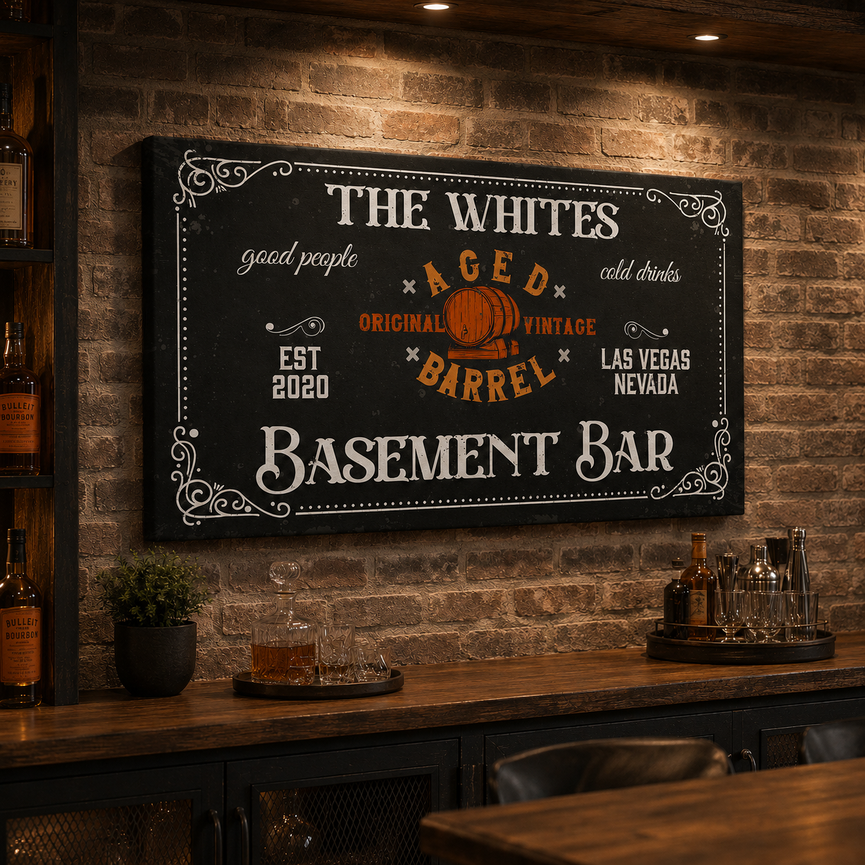 Personalized canvas basement bar sign – custom name man cave wall art