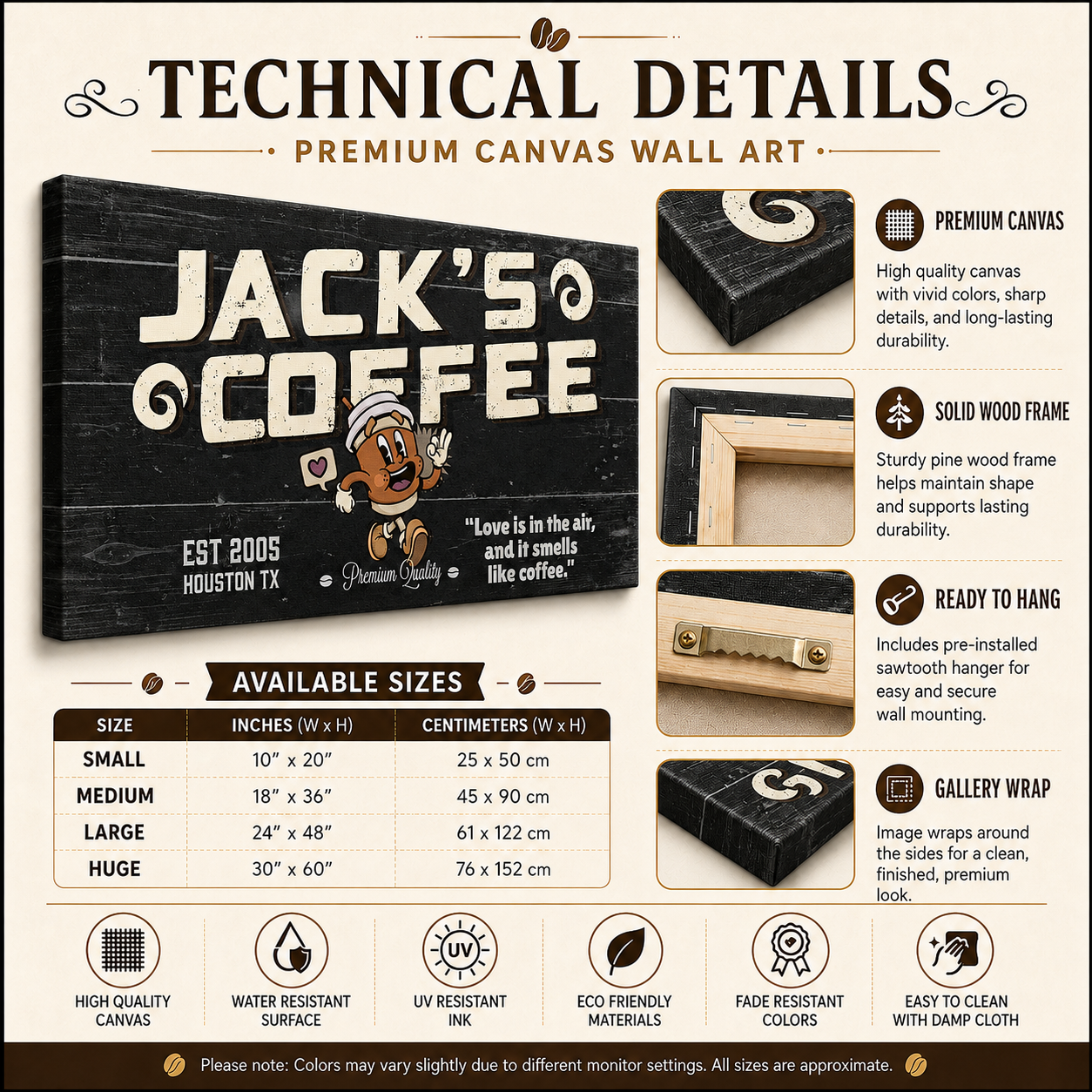 Premium coffee bar canvas wall art – technical details and size guide