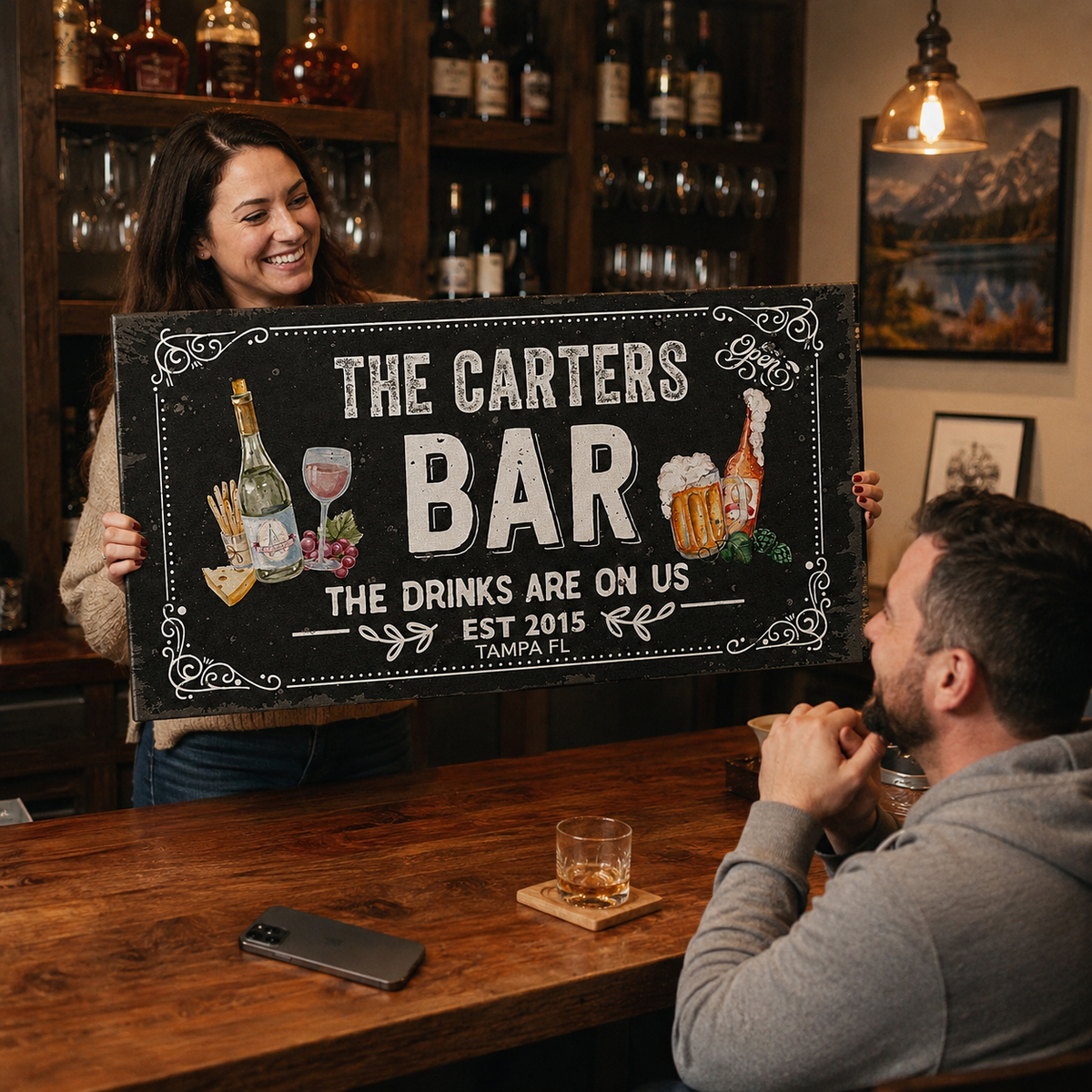Custom bar canvas sign held in hand , personalized home bar gift