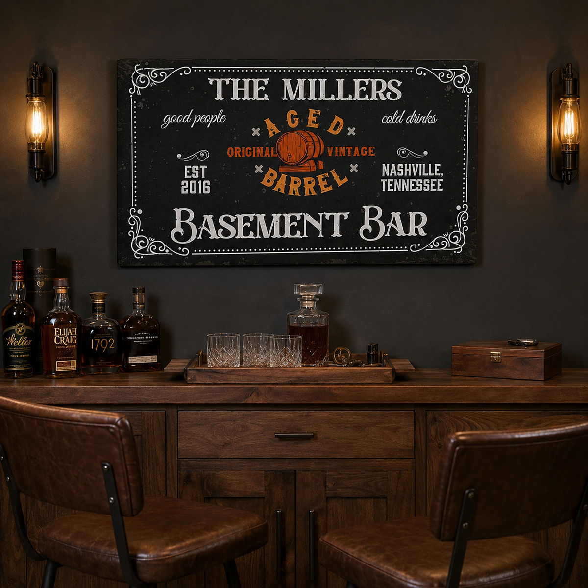 Basement Bar Canvas Sign, personalized design, view 2