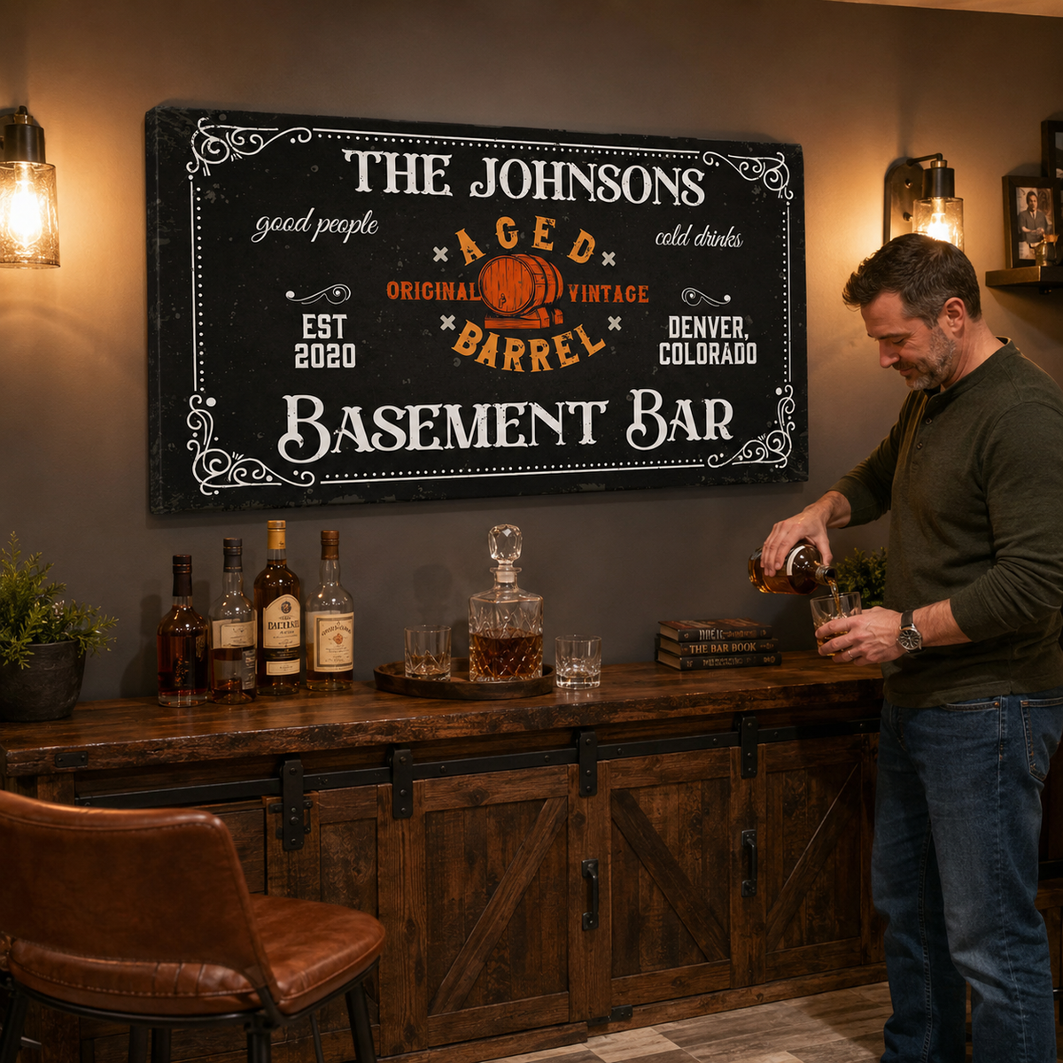 Basement Bar Canvas Sign, personalized design, view 4