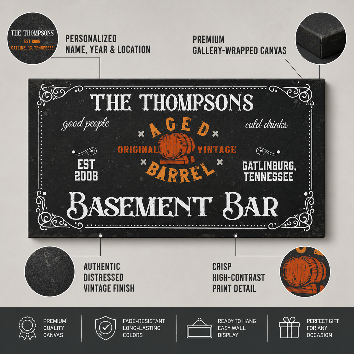 Basement Bar Canvas Sign, personalized design, view 6