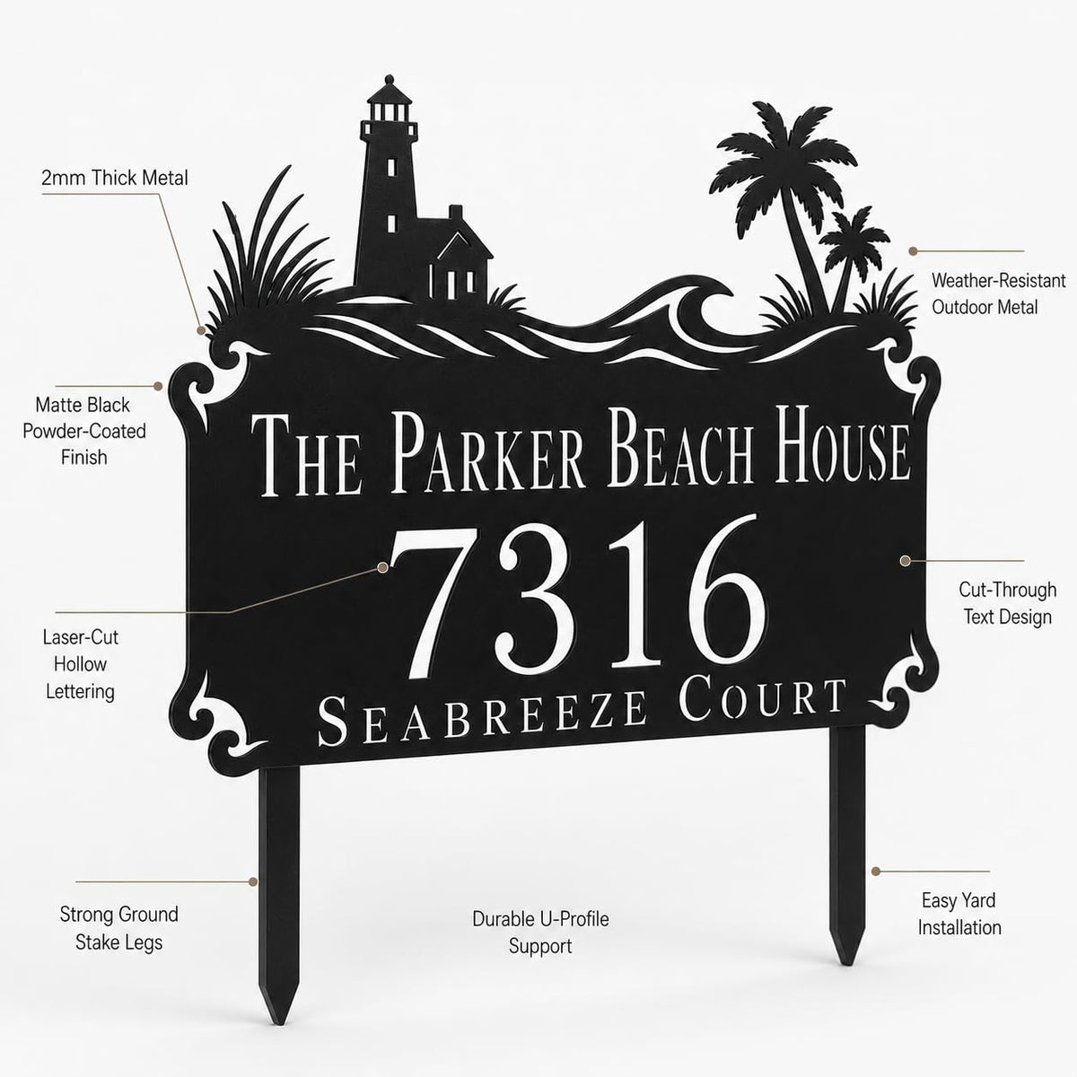 Custom laser cut coastal beach house address sign in durable outdoor steel