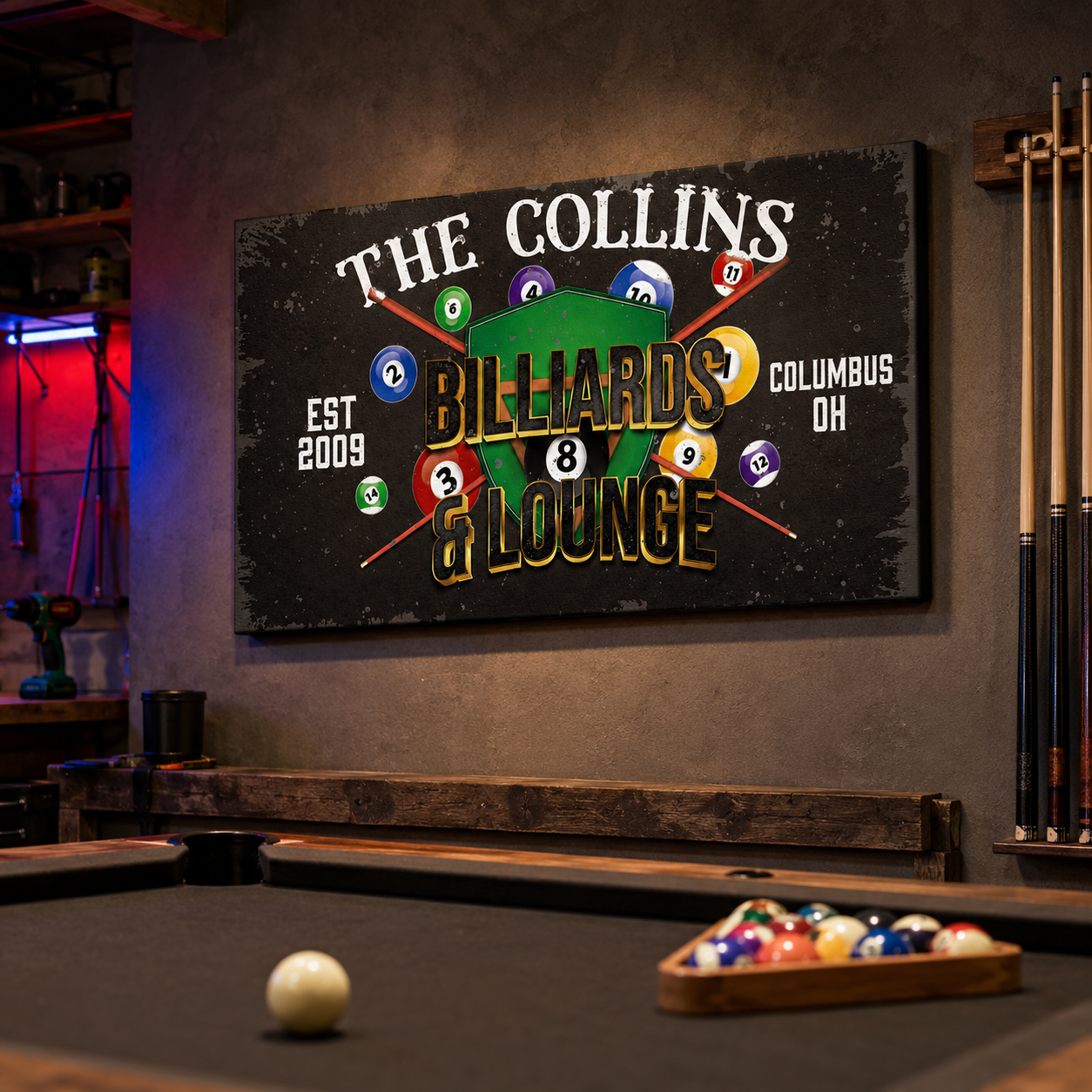 Personalized canvas billiards lounge sign – custom name game room wall art