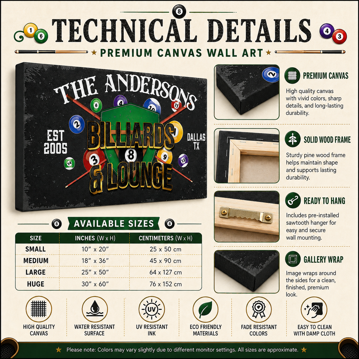 Premium billiards lounge canvas wall art – technical details and size guide