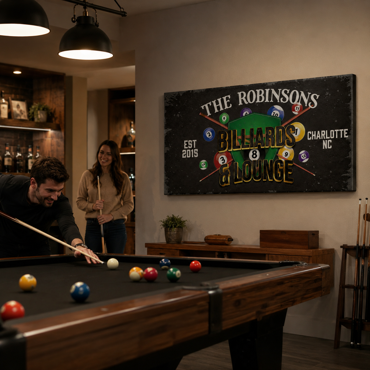 Billiards lounge canvas perspective view – personalized game room wall decor