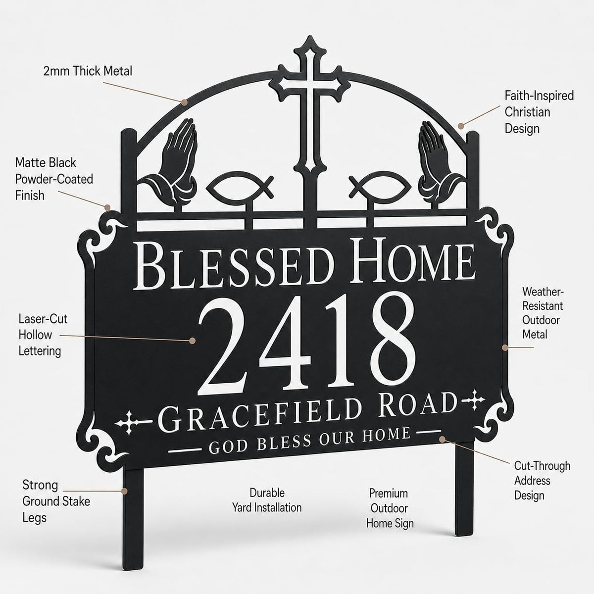 Custom blessed home house number sign displayed beside front door entryway