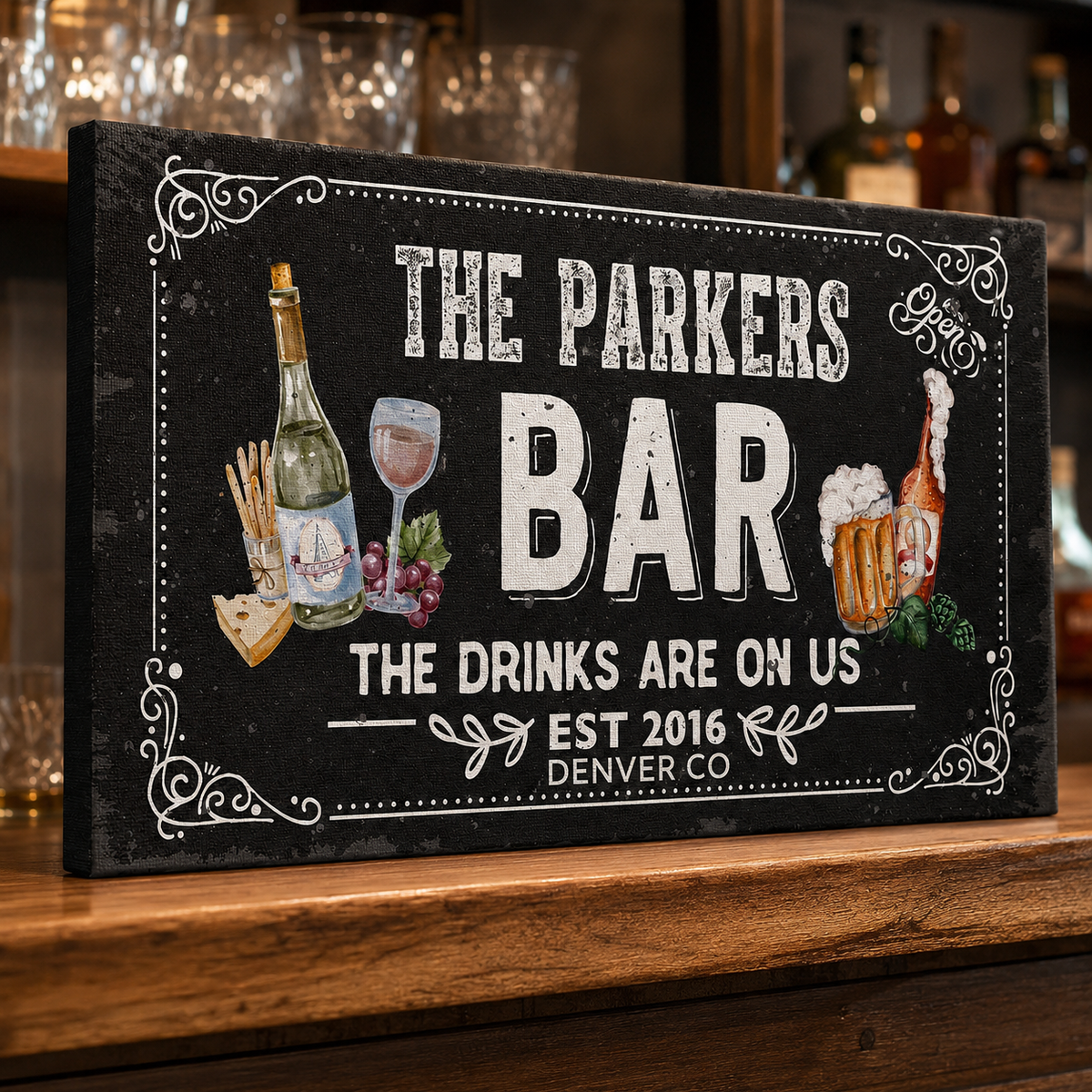 Personalized canvas bar sign with custom name and date – home bar wall art