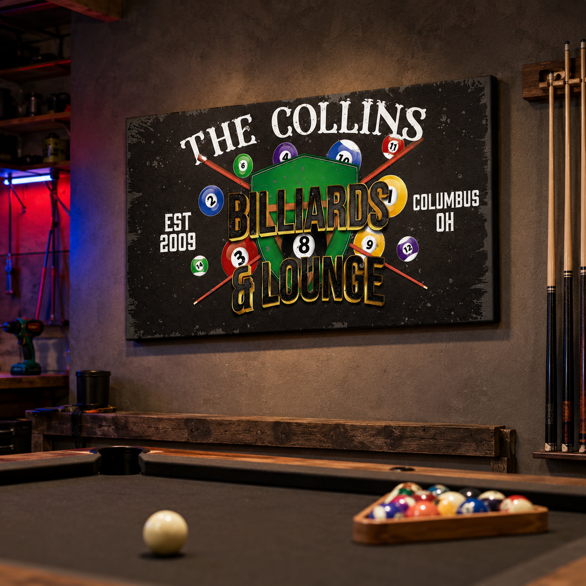 Personalized canvas billiards lounge sign – custom name game room wall art