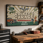The Walkers garage vintage canvas wall art displayed in home garage workshop