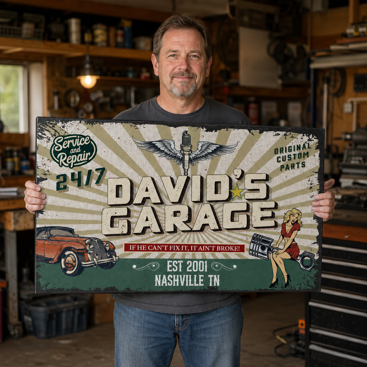 Custom garage canvas sign with owner name – vintage auto shop wall decor
