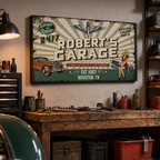 Personalized garage sign canvas above workbench – man cave and auto shop decor