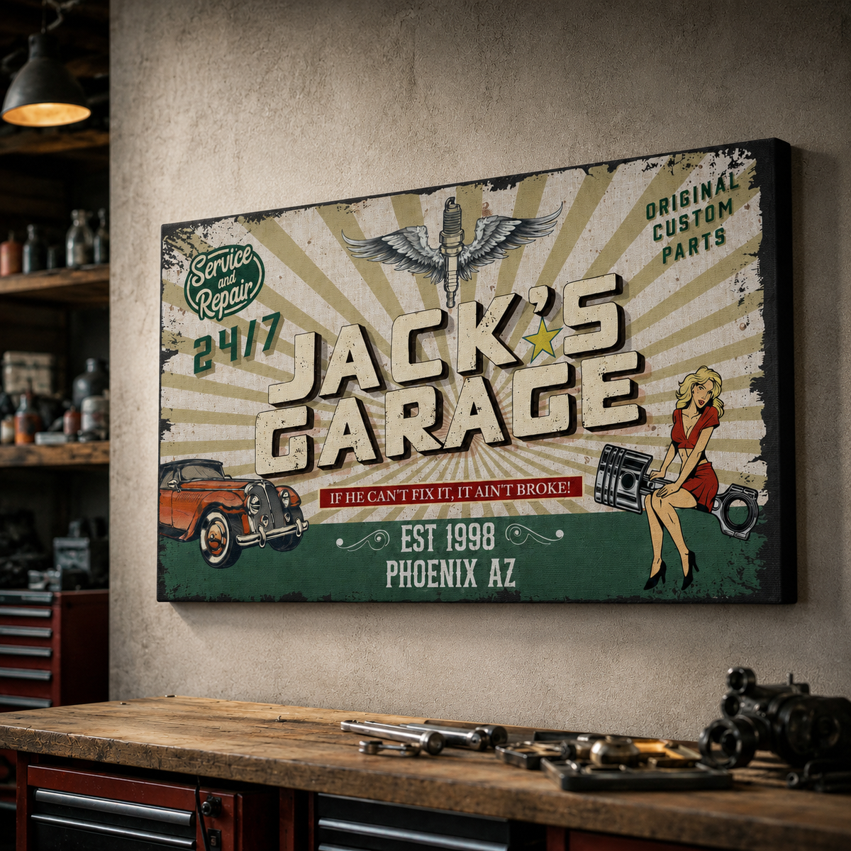 Custom vintage garage canvas in workshop setting – gift for car lovers