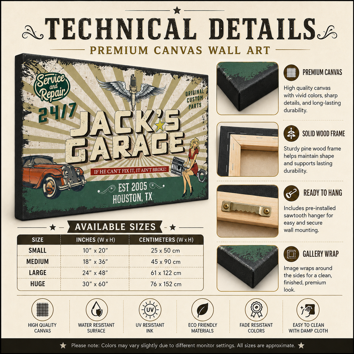 Premium garage canvas wall art – technical details and size guide