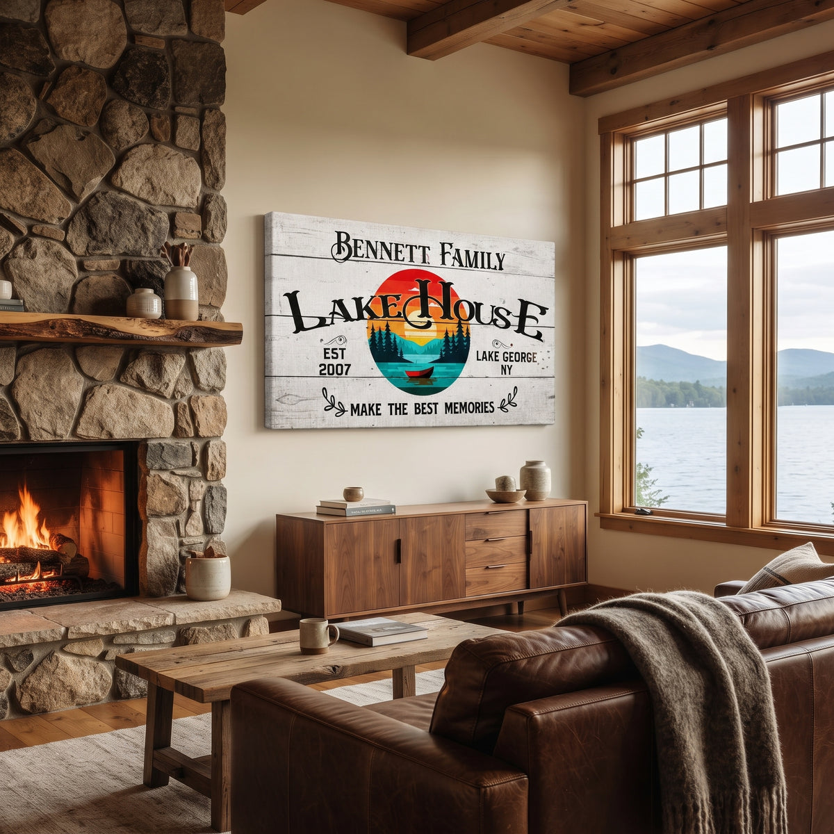 Personalized canvas lakehouse sign – custom family name rustic cabin wall art