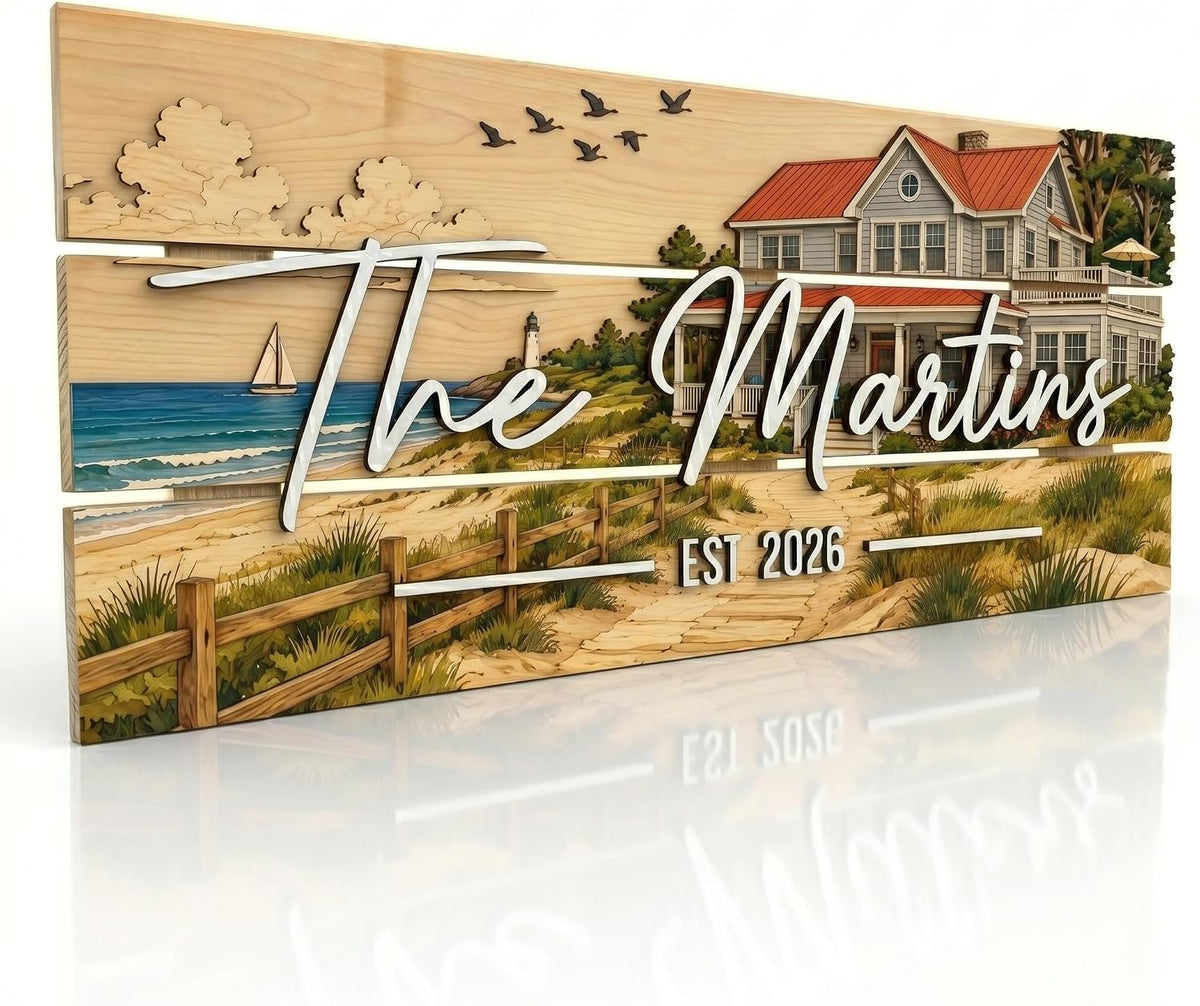 Personalized Coastal Cottage Family Name Sign, customized with your text and made to order