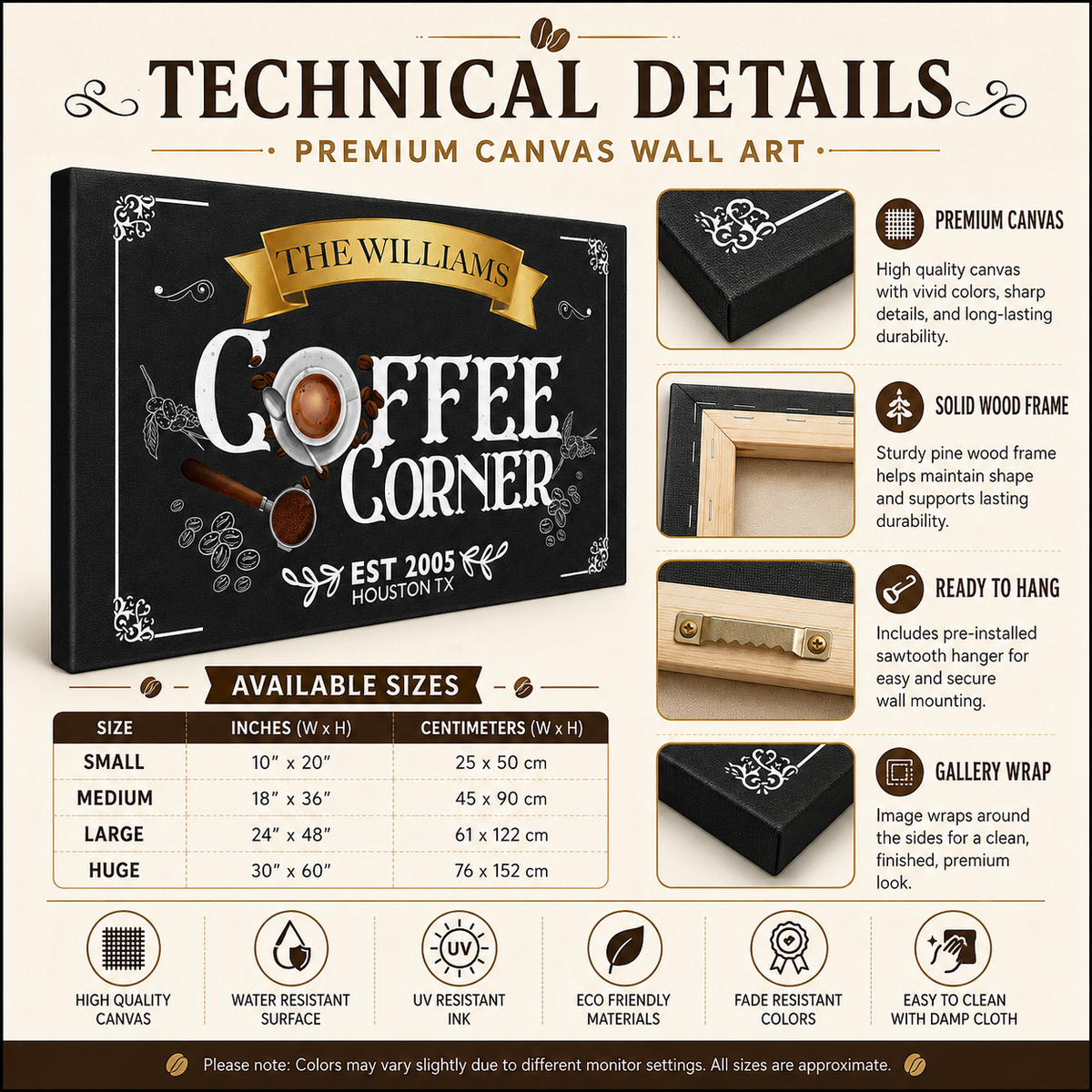 Premium coffee corner canvas wall art , technical details and size guide