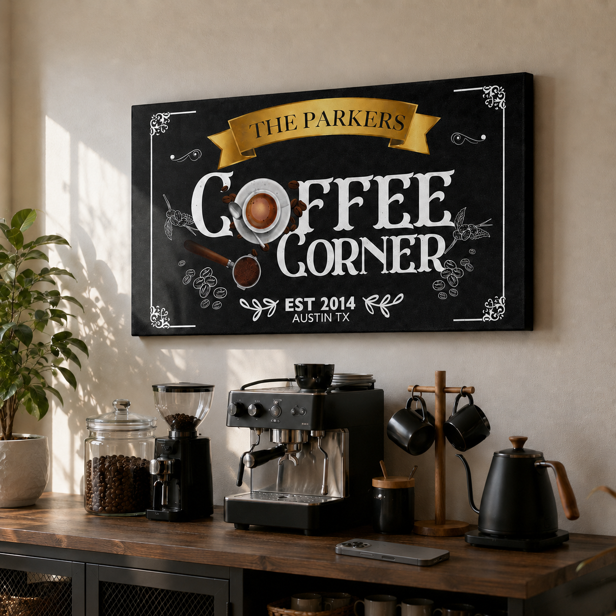 Personalized coffee corner canvas with est year – home coffee bar gift