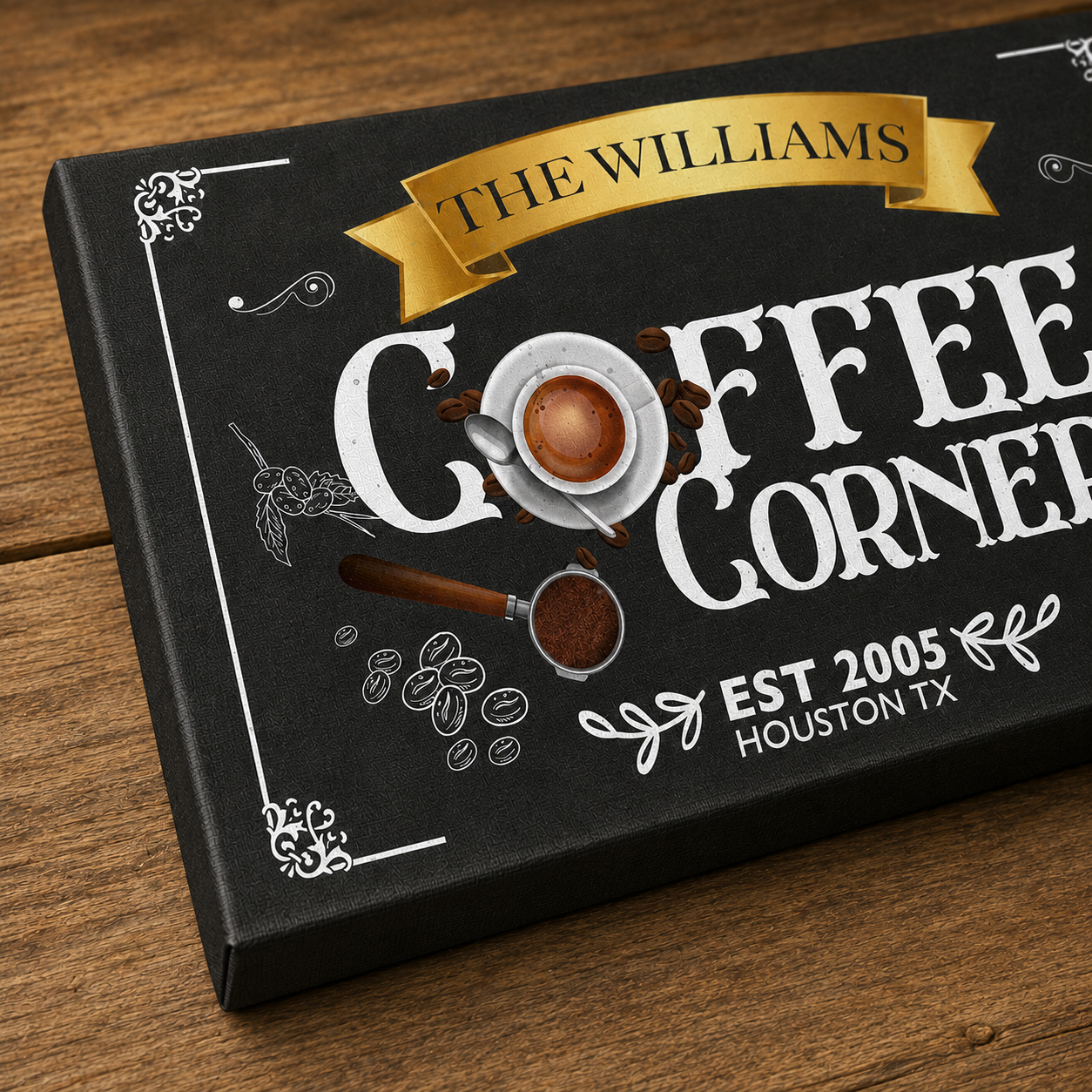 Coffee corner canvas tabletop close up – personalized kitchen wall art