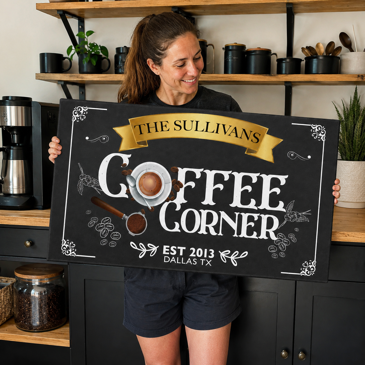 Custom coffee corner canvas held by woman – personalized kitchen decor