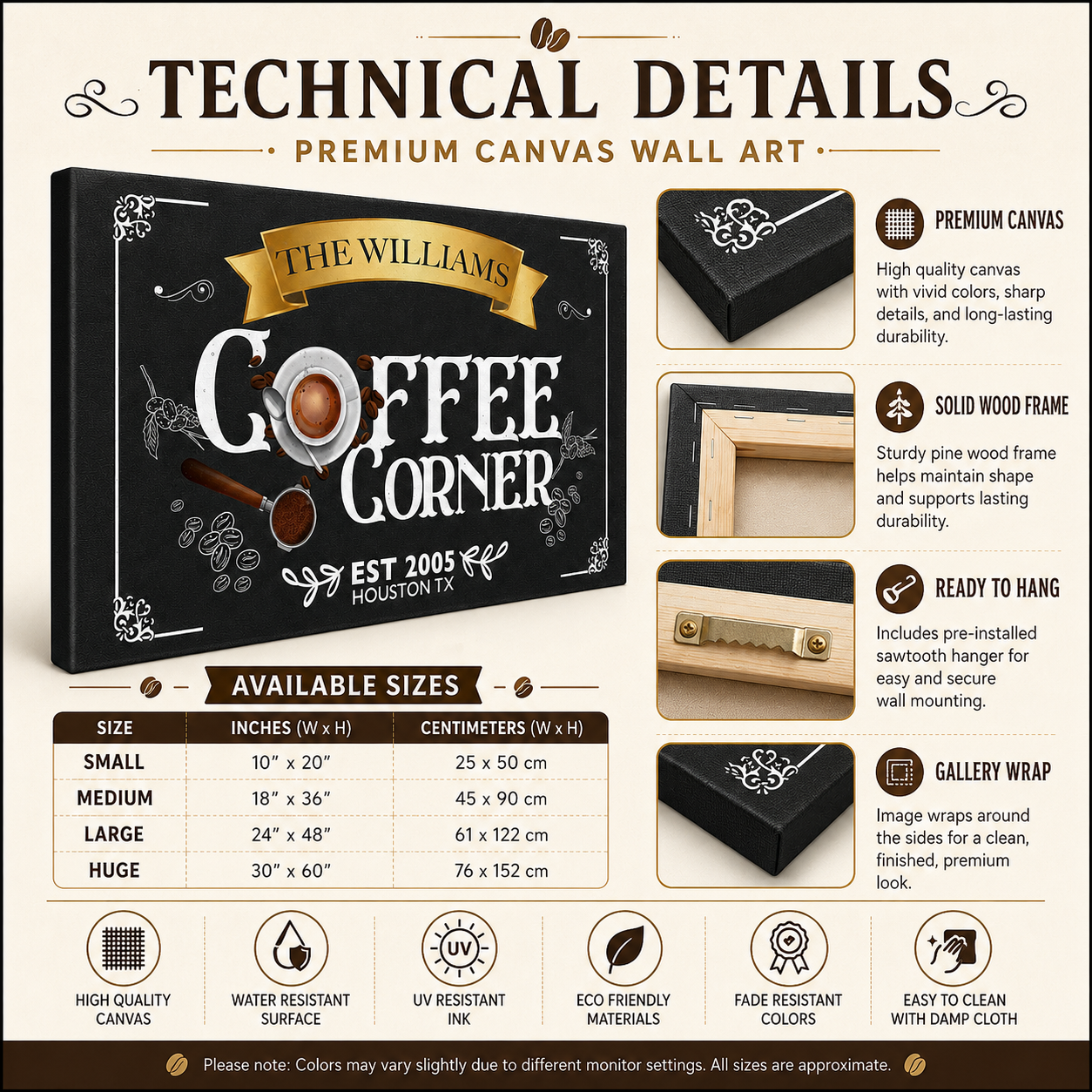 Premium coffee corner canvas wall art – technical details and size guide