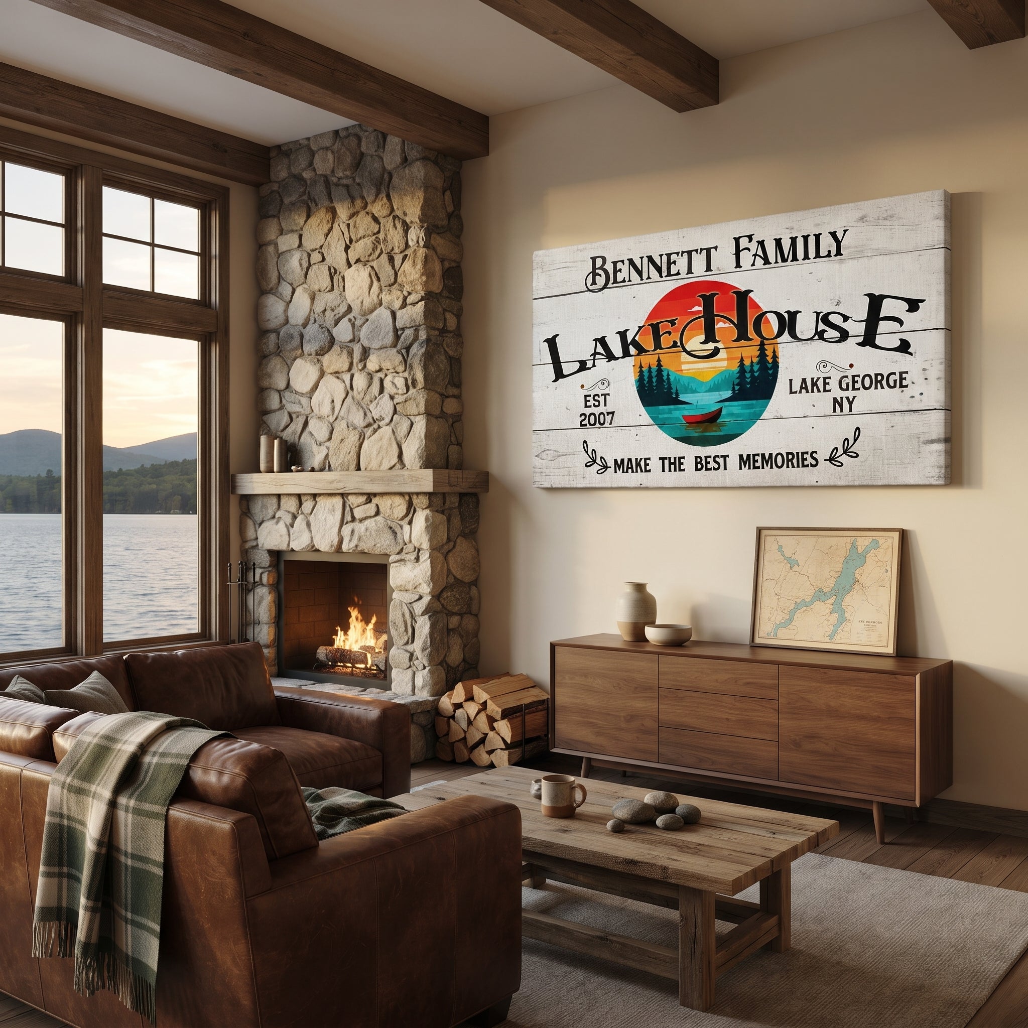 Lakehouse family name canvas – personalized rustic housewarming gift