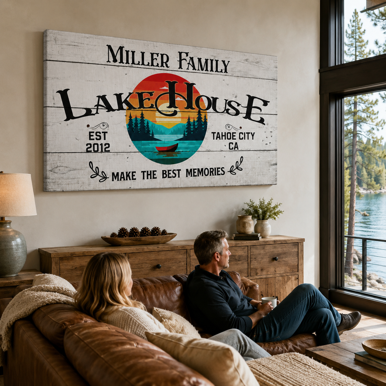 Lake house canvas wall art detail – personalized family name print
