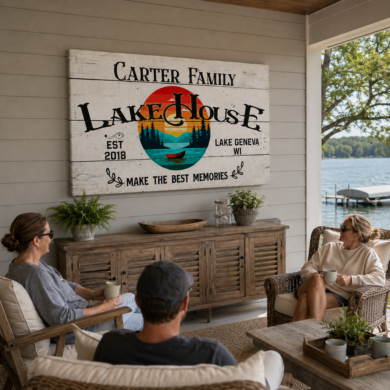 Lake house canvas print detail – personalized family name wall art