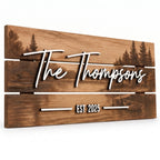 Custom lake house family name sign – 3D wood cabin decor with pine trees, dock and canoe