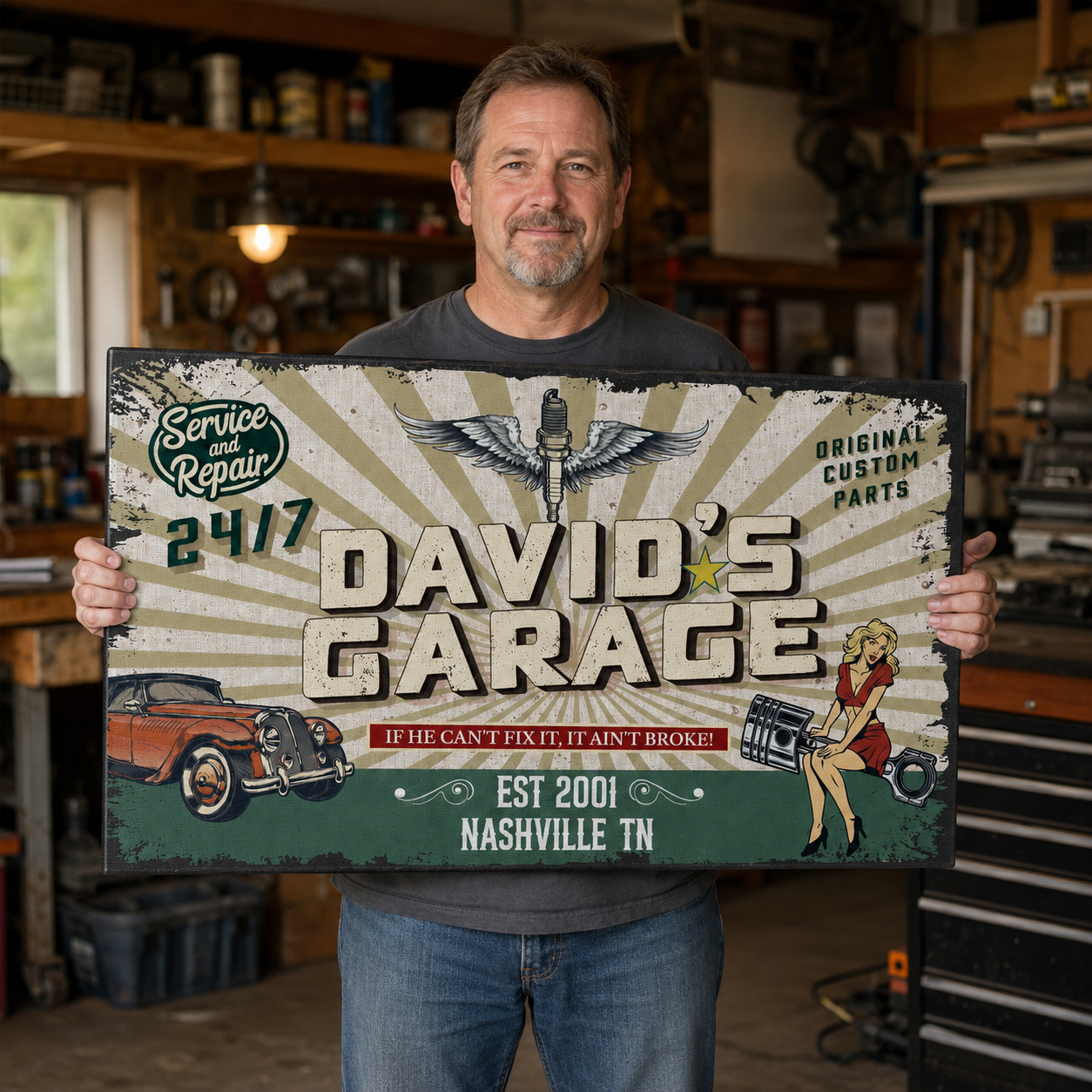Custom garage canvas sign with owner name – vintage auto shop wall decor