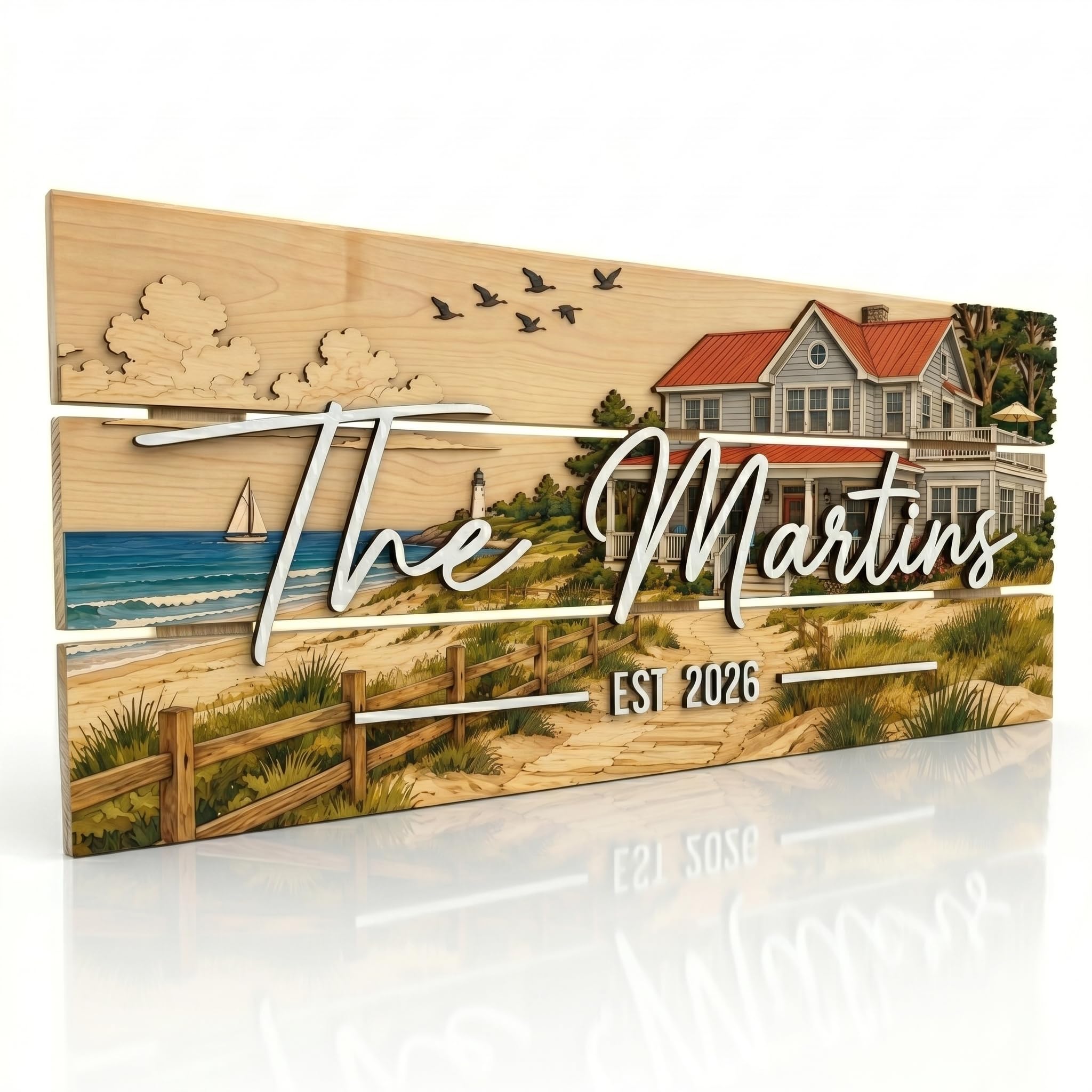 Personalized family name wood sign in a coastal cottage design