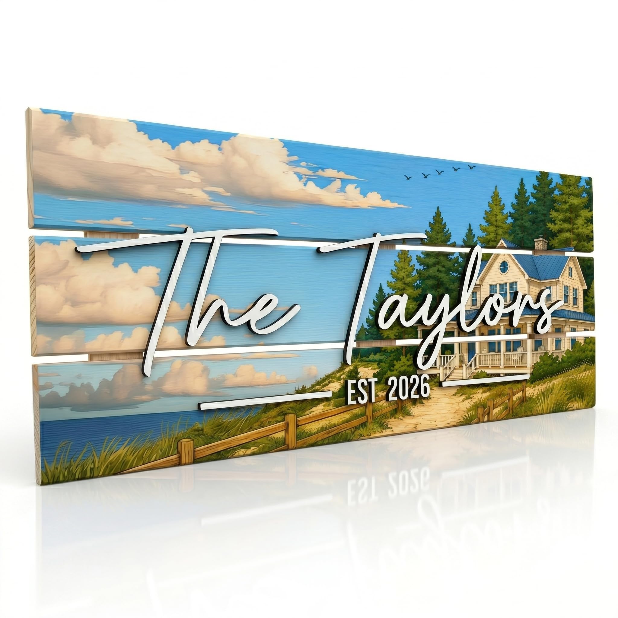 Personalized family name wood sign in a coastal farmhouse design