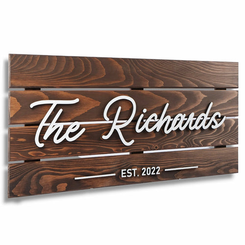Personalized family name wood sign with established date and raised 3D lettering