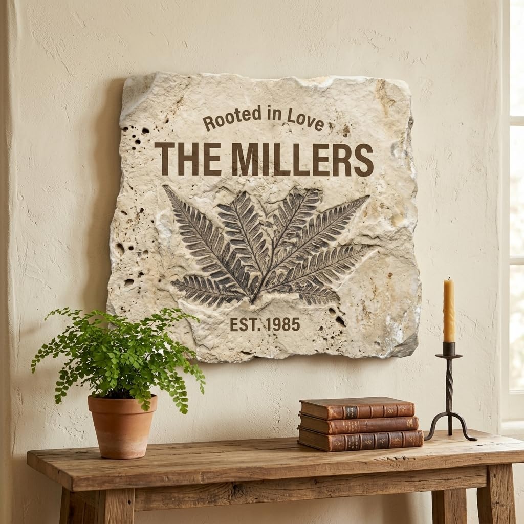 Personalized family name wood sign with fern fossil botanical texture and raised 3D lettering