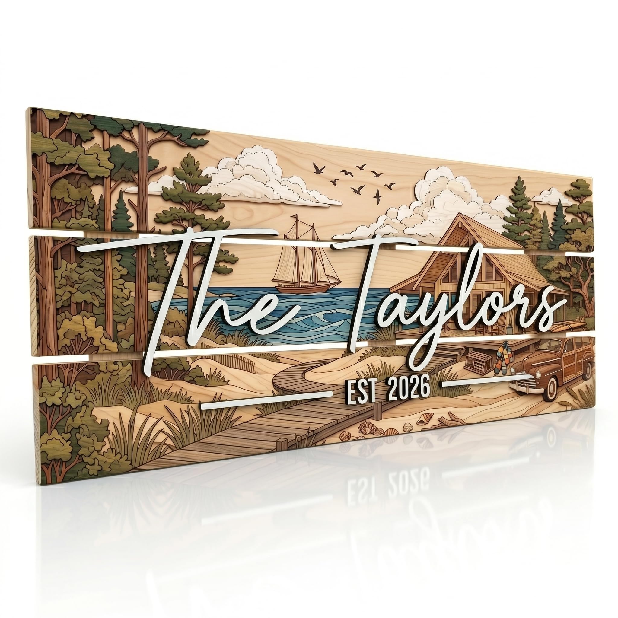 Personalized family name wood sign in a forest lodge design