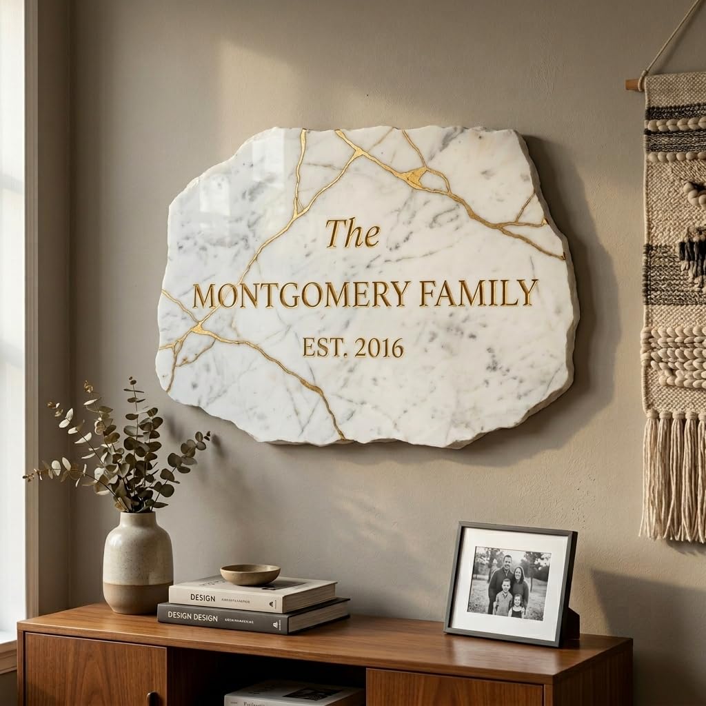 Personalized family name wood sign with gold veined marble texture and raised 3D lettering