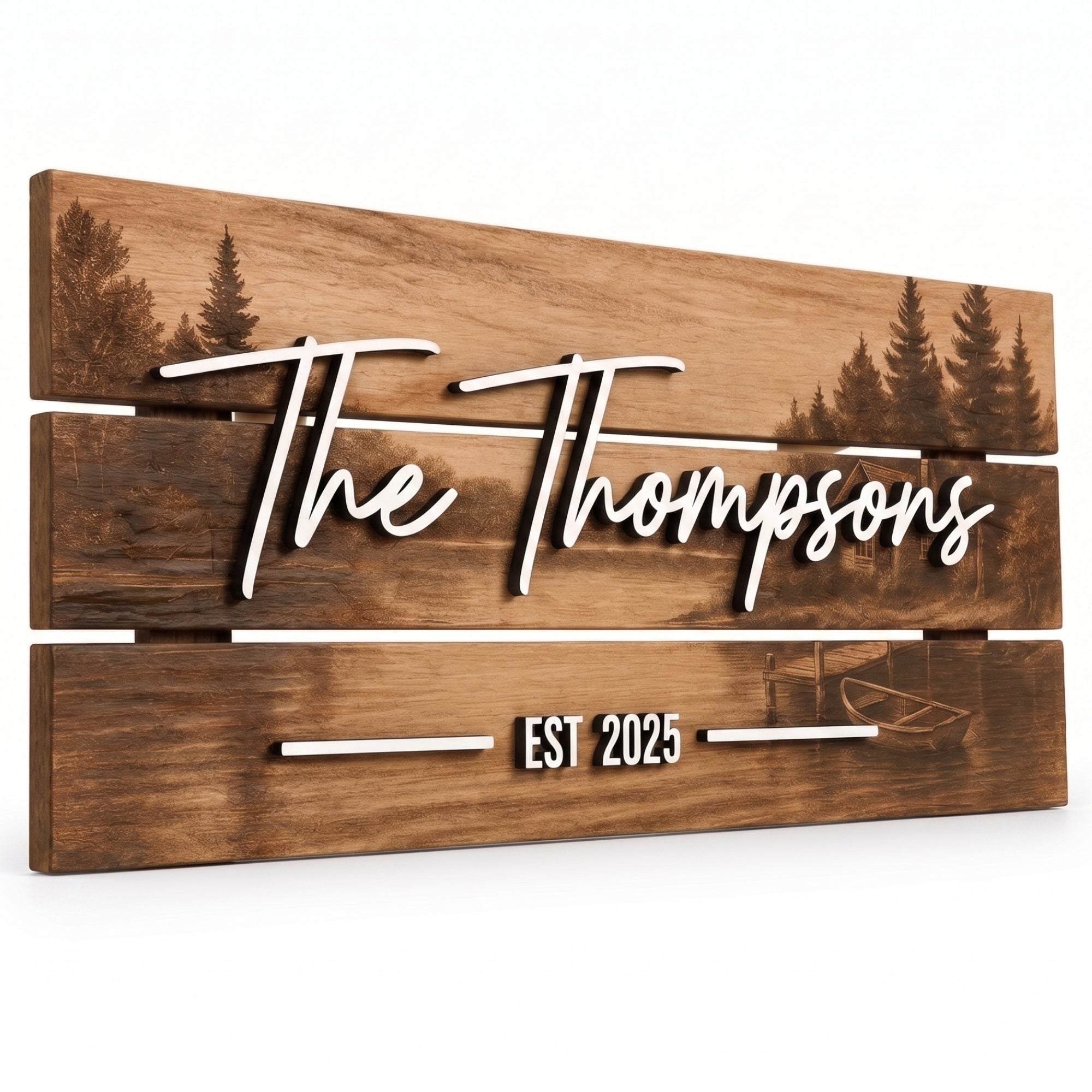 Custom lake house family name sign – 3D wood cabin decor with pine trees, dock and canoe