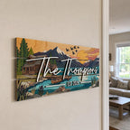 Custom lake house family name sign detail with raised lettering